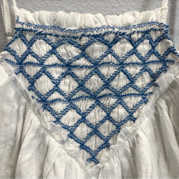 Free People Crystal Cove Smocked Mini Dress White Blue - Picture 3 of 14